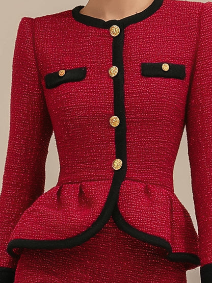 Ensemble Chic en Tweed Rouge Patchwork avec Veste Noire et Jupe Élégante