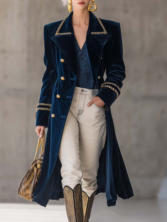 Veste en Velours Bleu Foncé avec Col Métallique et Boutons Dorés - Charme Western Rétro