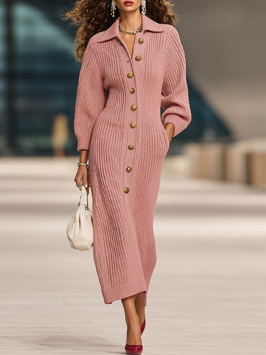Robe Midi Tricotée Chic avec Poches Doubles et Boutons Élégants au Col