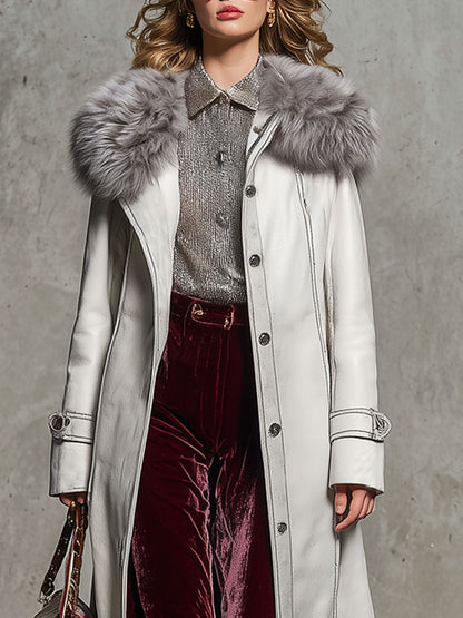 Veste Longue en Simili Cuir Blanc avec Col en Fourrure Vintage Chic