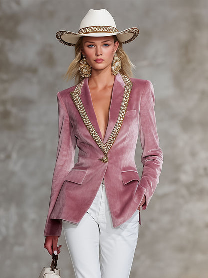 Veste en velours rose décontractée à bouton unique