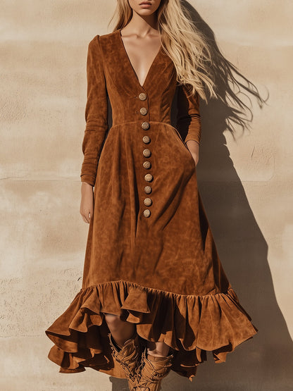 Robe Maxi Vintage Western en Faux Suède Caramel avec Volants