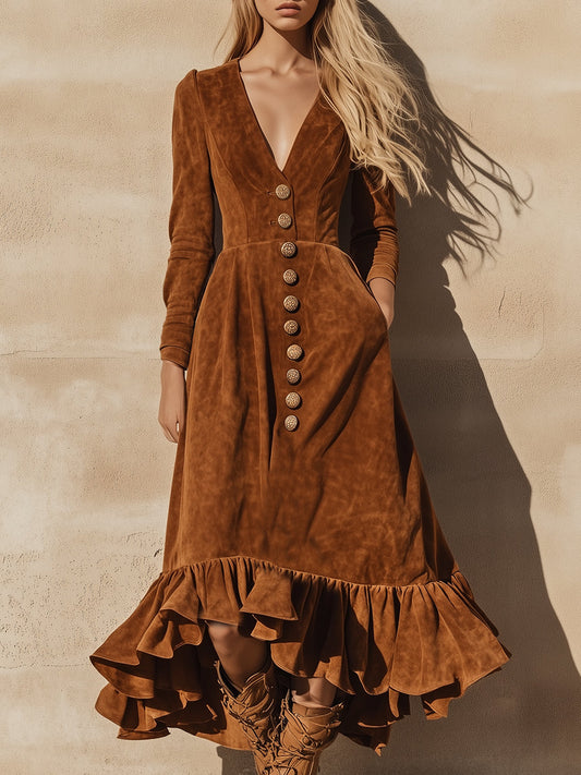 Robe Maxi Vintage Western en Faux Suède Caramel avec Volants