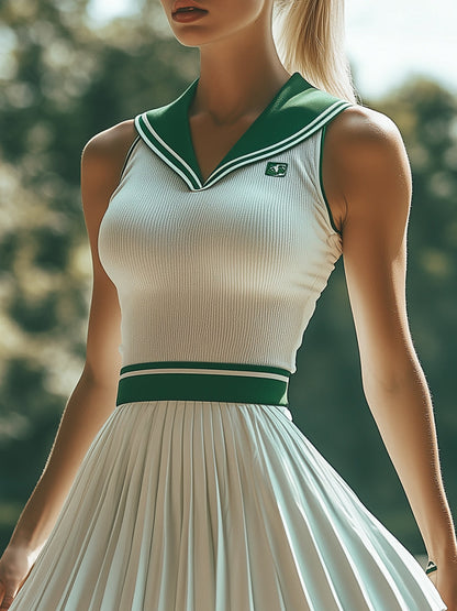 Robe Mini Sans Manches à Rayures Contrastées Blanc et Vert - Style Préppy, Expédition en 24h !