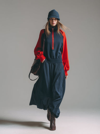 Chic et Sportif : Robe Maxi Sweatshirt à Manches Raglan Contrastées en Bleu Foncé