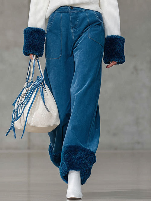 Jean Vintage Décontracté en Polaire Doublée - Large et Retroussé