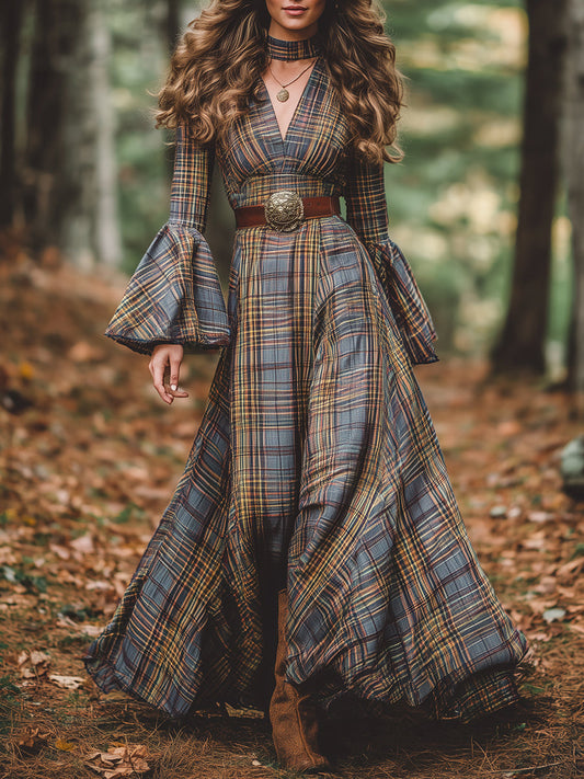 Robe Maxi Vintage à Motif Carreaux avec Manches Évasées et Col en V