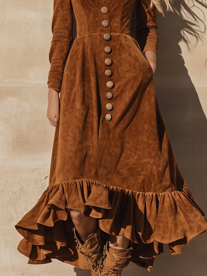 Robe Maxi Vintage Western en Faux Suède Caramel avec Volants