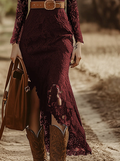 Robe Bohémienne Vintage en Dentelle Bleue à Manches Longues - Élégance Midi