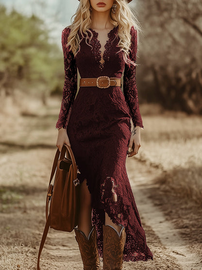 Robe Bohémienne Vintage en Dentelle Bleue à Manches Longues - Élégance Midi