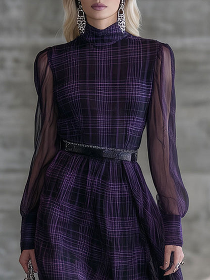 Robe Maxi Vintage Violet en Organza et Coton à Carreaux avec Col Roulé et Manches Longues