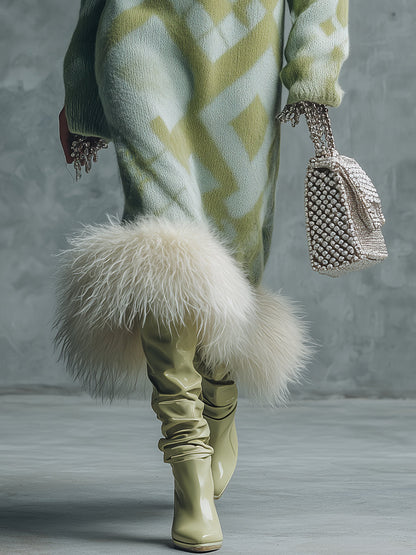 Robe Maxi Verte en Tricot à Manches Longues avec Élégant Ourlet en Fourrure Synthétique