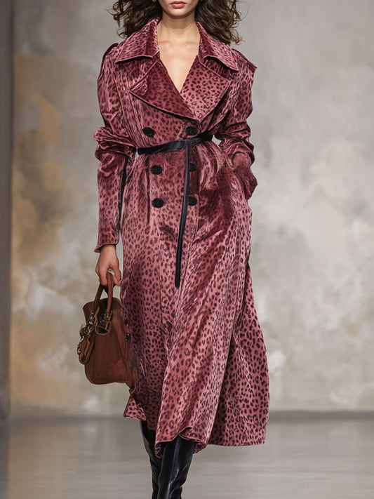 Long Velvet Leopard Print Coat with Double Breasted Design, Dual Pockets, and Relaxed Fit