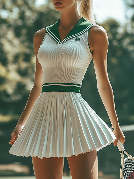 Robe Mini Sans Manches à Rayures Contrastées Blanc et Vert - Style Préppy, Expédition en 24h !