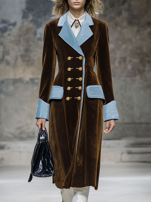 Veste en Velours Chocolat Brun avec Détails Rétro en Bleu