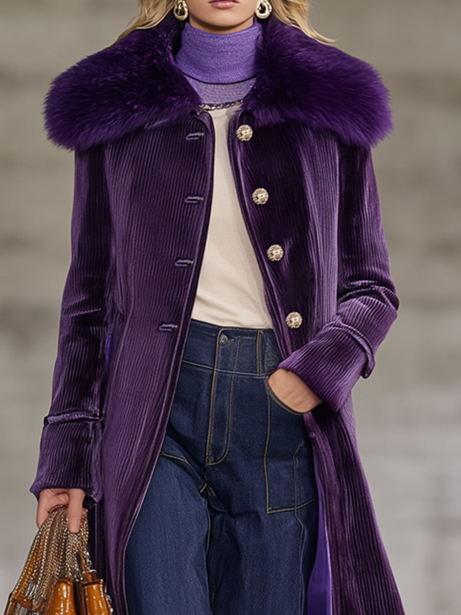 Veste Longue en Velours Côtelé Violet Rétro avec Col en Fourrure Écologique