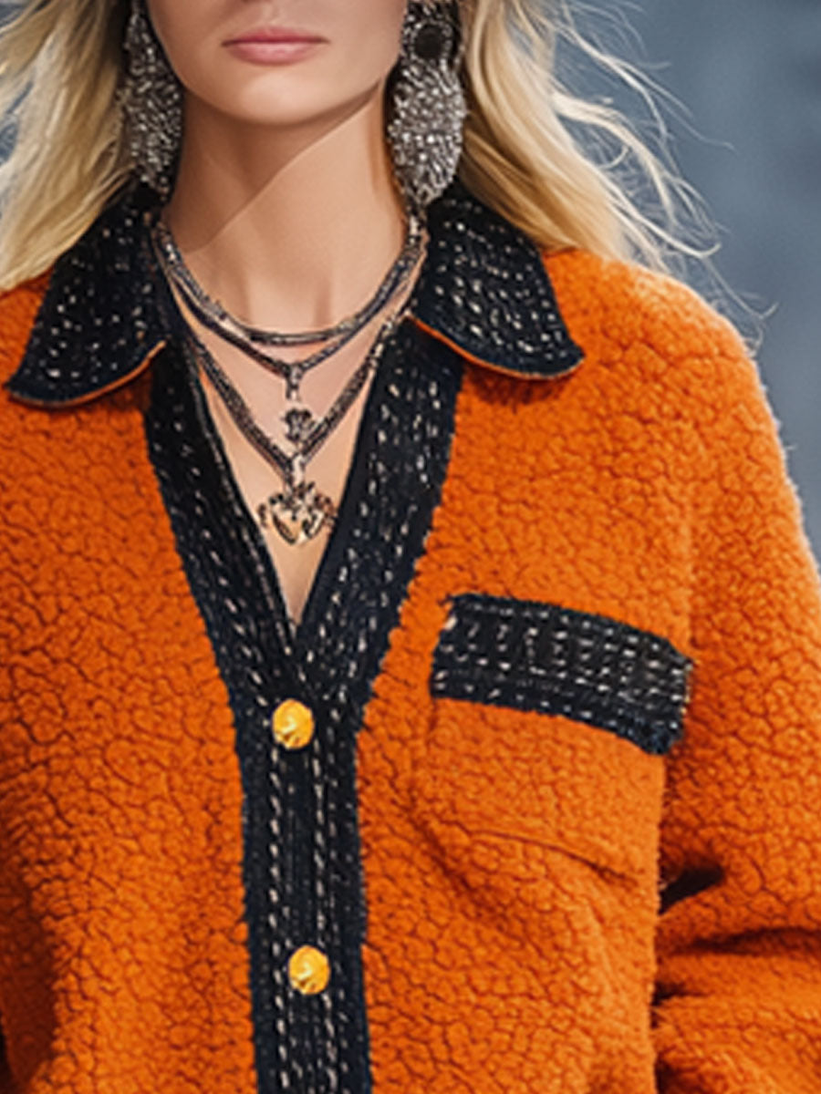 Veste en polaire orange avec bordure en ruban - Chic nomade urbain rétro