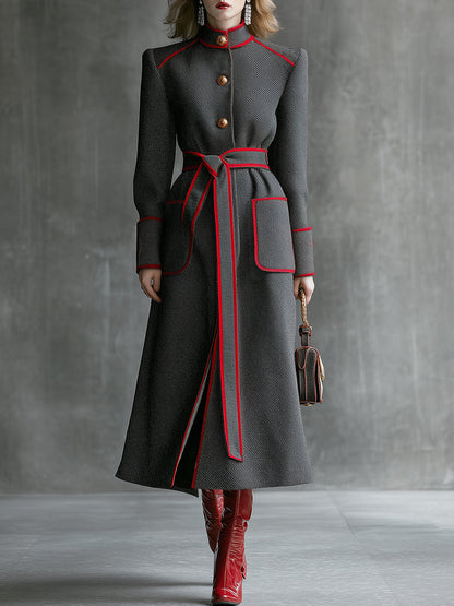 Veste en Laine Twill Gris Élégante avec Col Montant et Détails Rouges