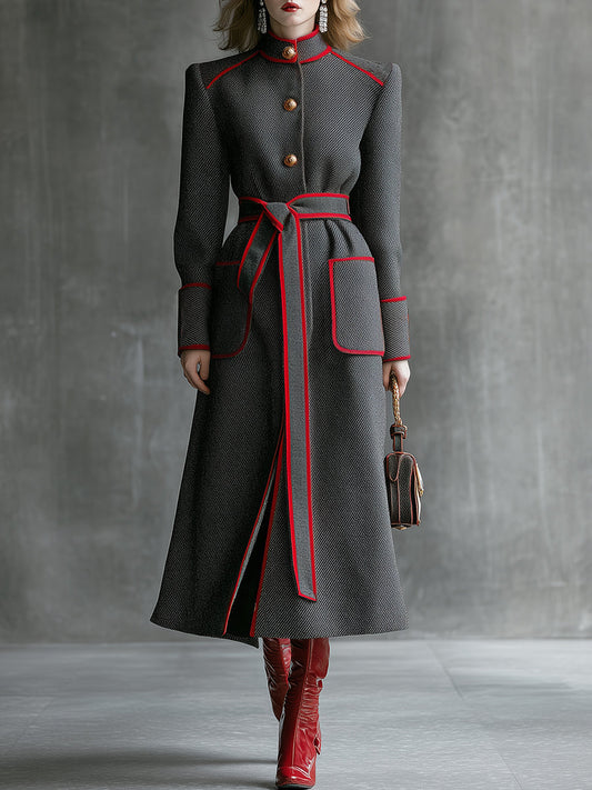 Veste en Laine Twill Gris Élégante avec Col Montant et Détails Rouges
