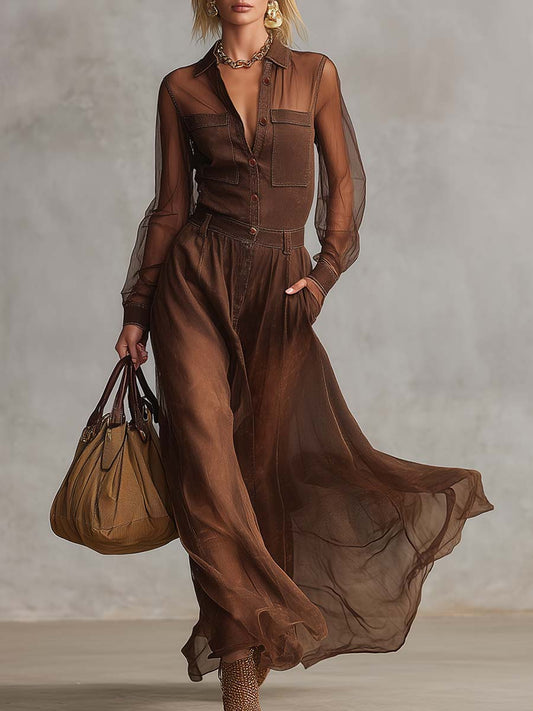 Robe Maxi Vintage Western en Coton Marron à Manches Longues et Décolleté en V avec Boutons