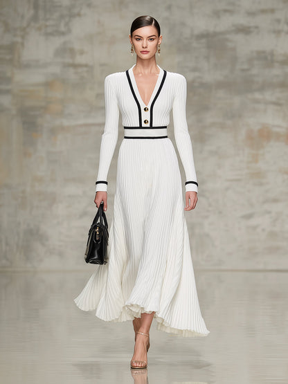 Chic Robe Maxi Noire en Tricot avec Jupe Évasée