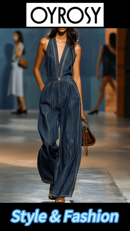 Expédition Rapide : Combinaison en Denim Sans Manches à Col en V – Style Rétro Décontracté