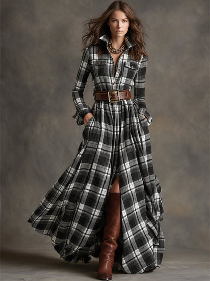 Robe Maxi Ethnique Rétro à Carreaux Rouges et Bruns