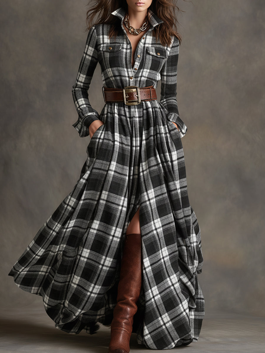 Robe Maxi Ethnique Rétro à Carreaux Rouges et Bruns