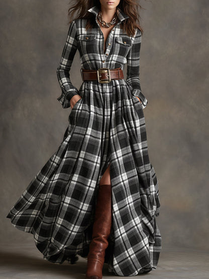Robe Maxi Ethnique Rétro à Carreaux Rouges et Bruns