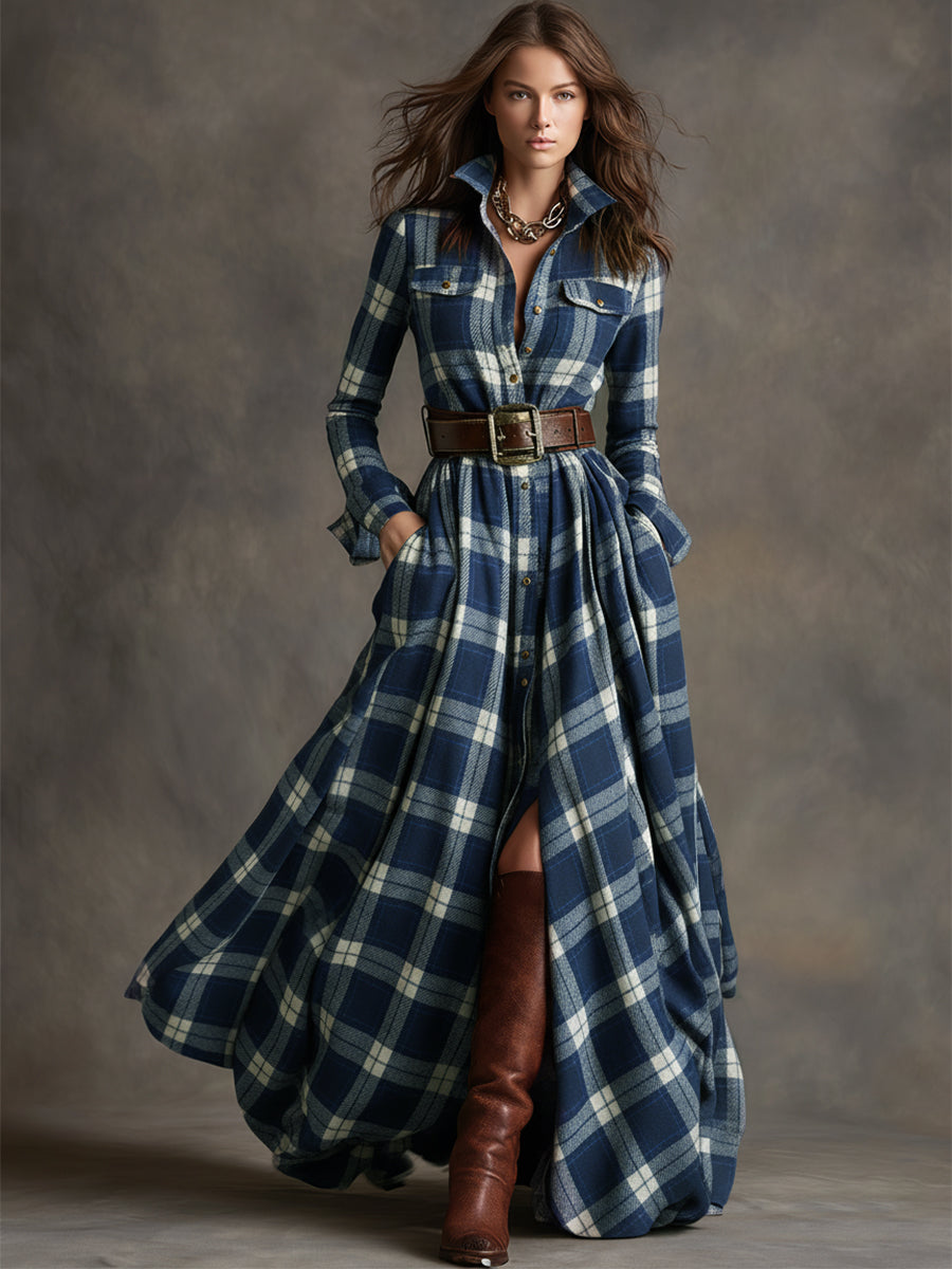 Robe Maxi Ethnique Rétro à Carreaux Rouges et Bruns