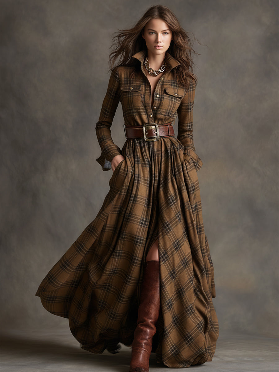 Robe Maxi Ethnique Rétro à Carreaux Rouges et Bruns