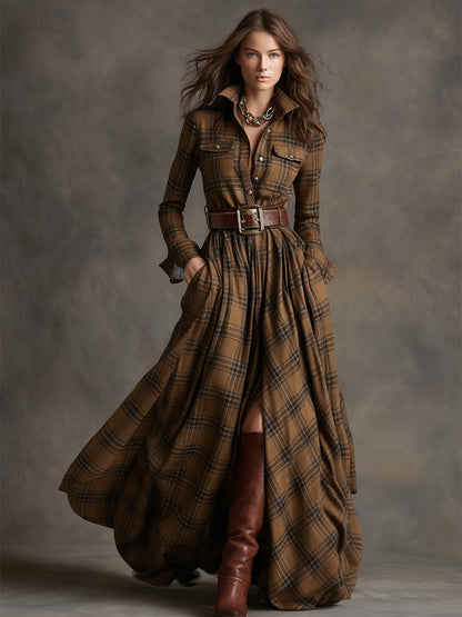 Robe Maxi Ethnique Rétro à Carreaux Rouges et Bruns