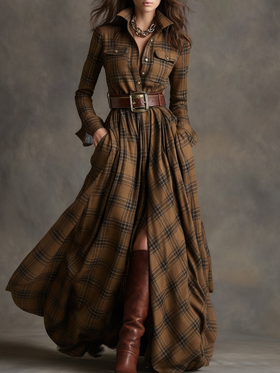 Robe Maxi Ethnique Rétro à Carreaux Rouges et Bruns