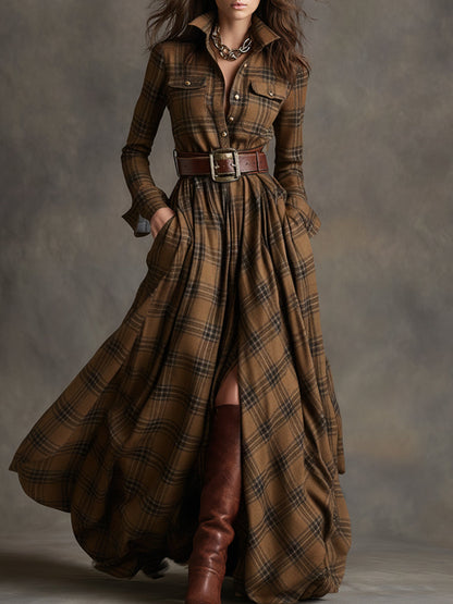 Robe Maxi Ethnique Rétro à Carreaux Rouges et Bruns