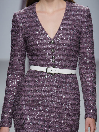 Robe Maxi Fishtail Violet en Tweed avec Sequins et Décolleté en V Élégant