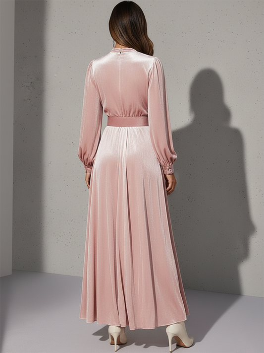 Robe Maxi Rétro en Velours Élégante avec Col Rond et Manches Longues