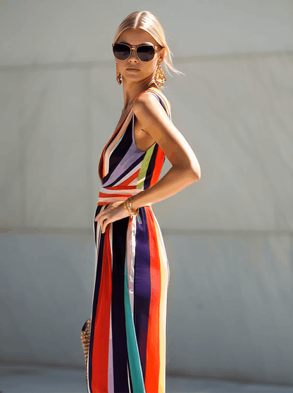 Robe Maxi Chiffon Arc-en-Ciel à Rayures - Décolleté en V Élégant, Expédition en 24 Heures!