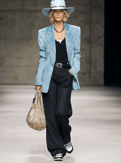 Veste en Suède Bleu Clair au Style Vintage Western avec Franges Élégantes