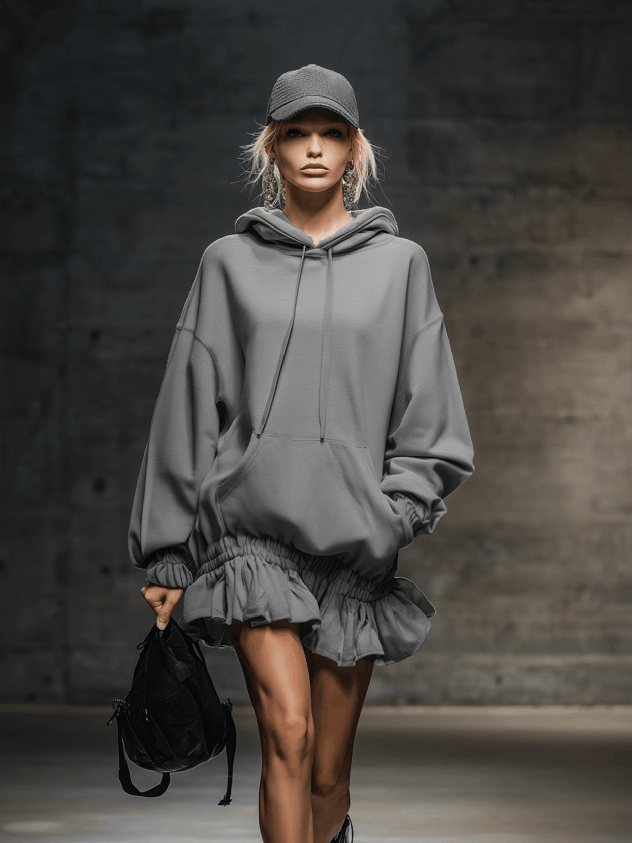 Robe Mini Sweat Grise à Capuche avec Ourlet Élastique - Style Décontracté et Tendance
