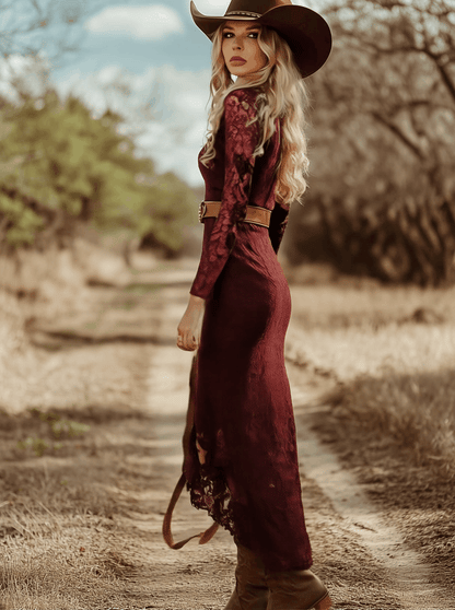 Robe Bohémienne Vintage en Dentelle Bleue à Manches Longues - Élégance Midi