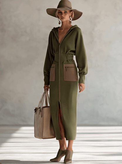 Robe Maxi Élégante à Manches Longues avec Capuche et Fermeture Éclair en Olive – Silhouette Affinée
