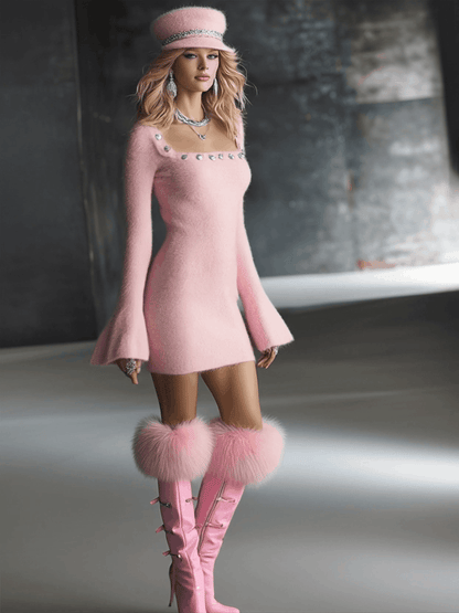 Robe Mini Tricotée Rose avec Col Carré, Boutons et Manches Cloche - Édition Hippocampe