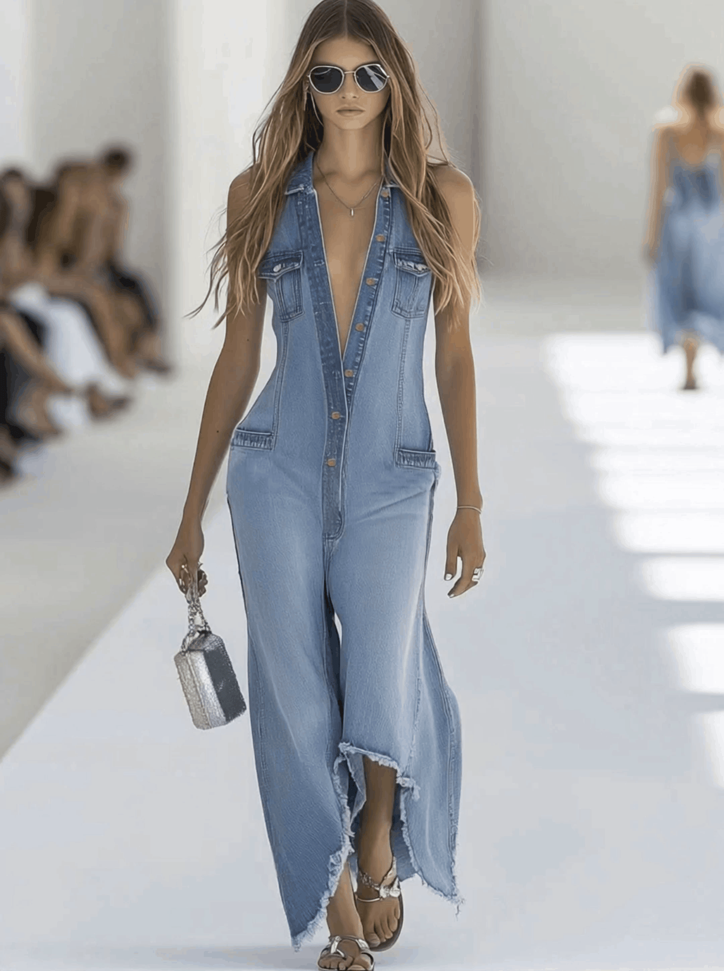 【Expédition en 24h】Combinaison sans manches en denim bleu clair au style rétro avec bords bruts et fermeture éclair - Taille Large