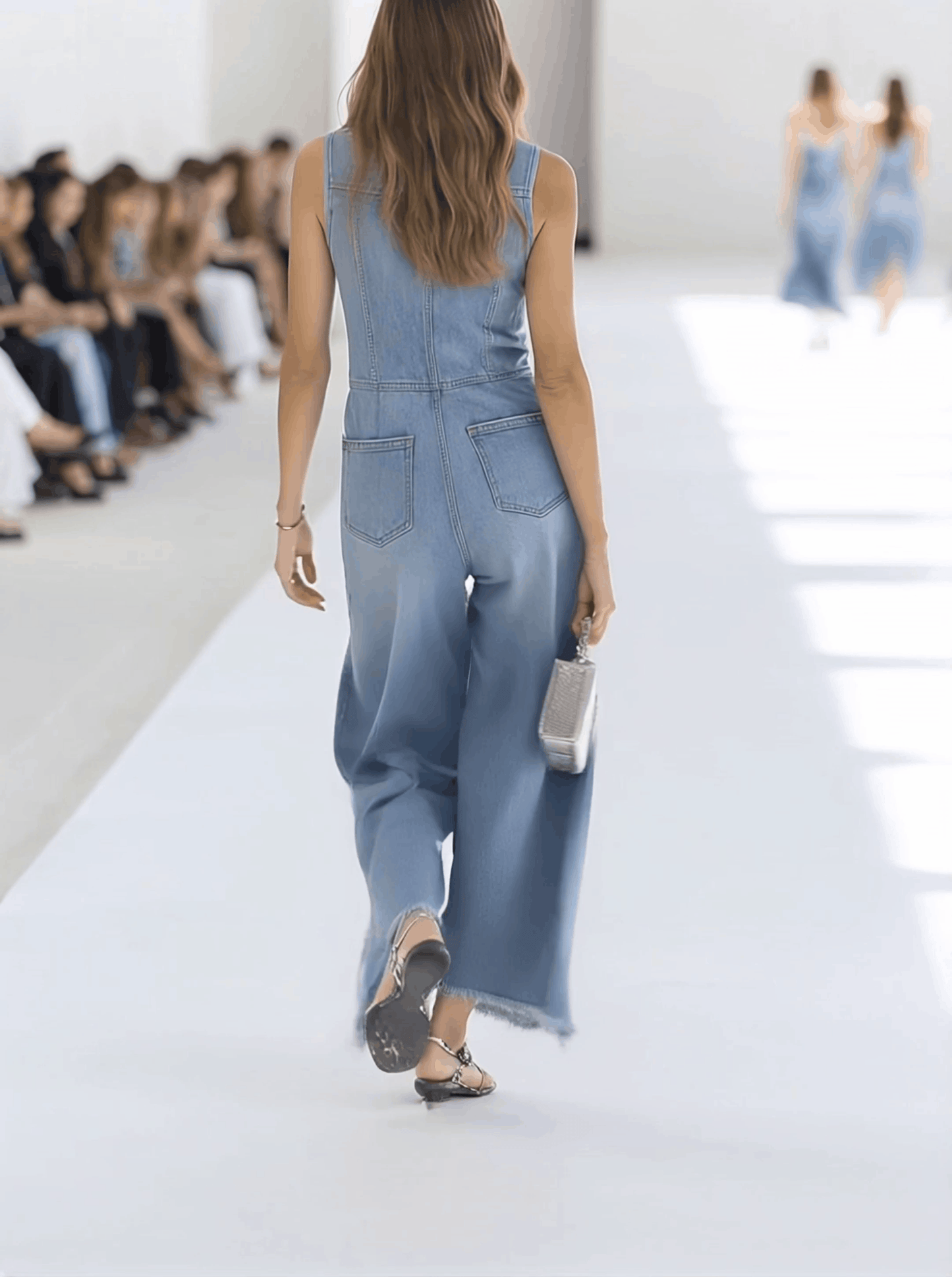 【Expédition en 24h】Combinaison sans manches en denim bleu clair au style rétro avec bords bruts et fermeture éclair - Taille Large