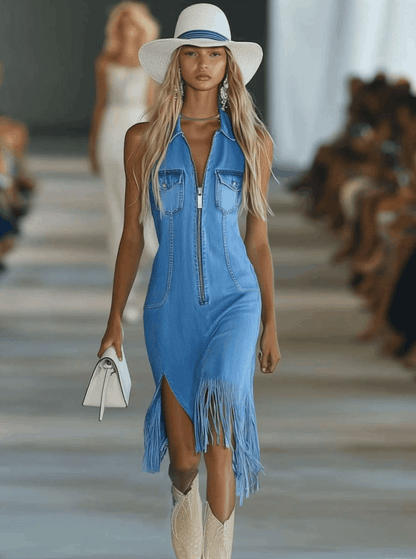 Robe Midi Vintage en Jean Bleu Sans Manches - Poches Zippées et Franges | Expédition Rapide en 24h