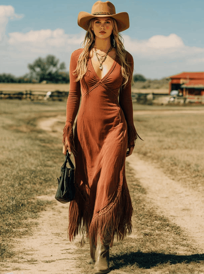 Robe Maxi Vintage en Coton Rouge Brique à Manches Longues et Franges