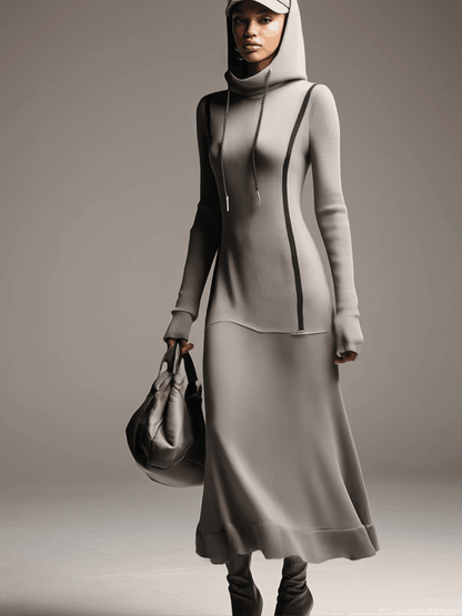 Robe Maxi Sportive Grise à Capuche - Style Décontracté