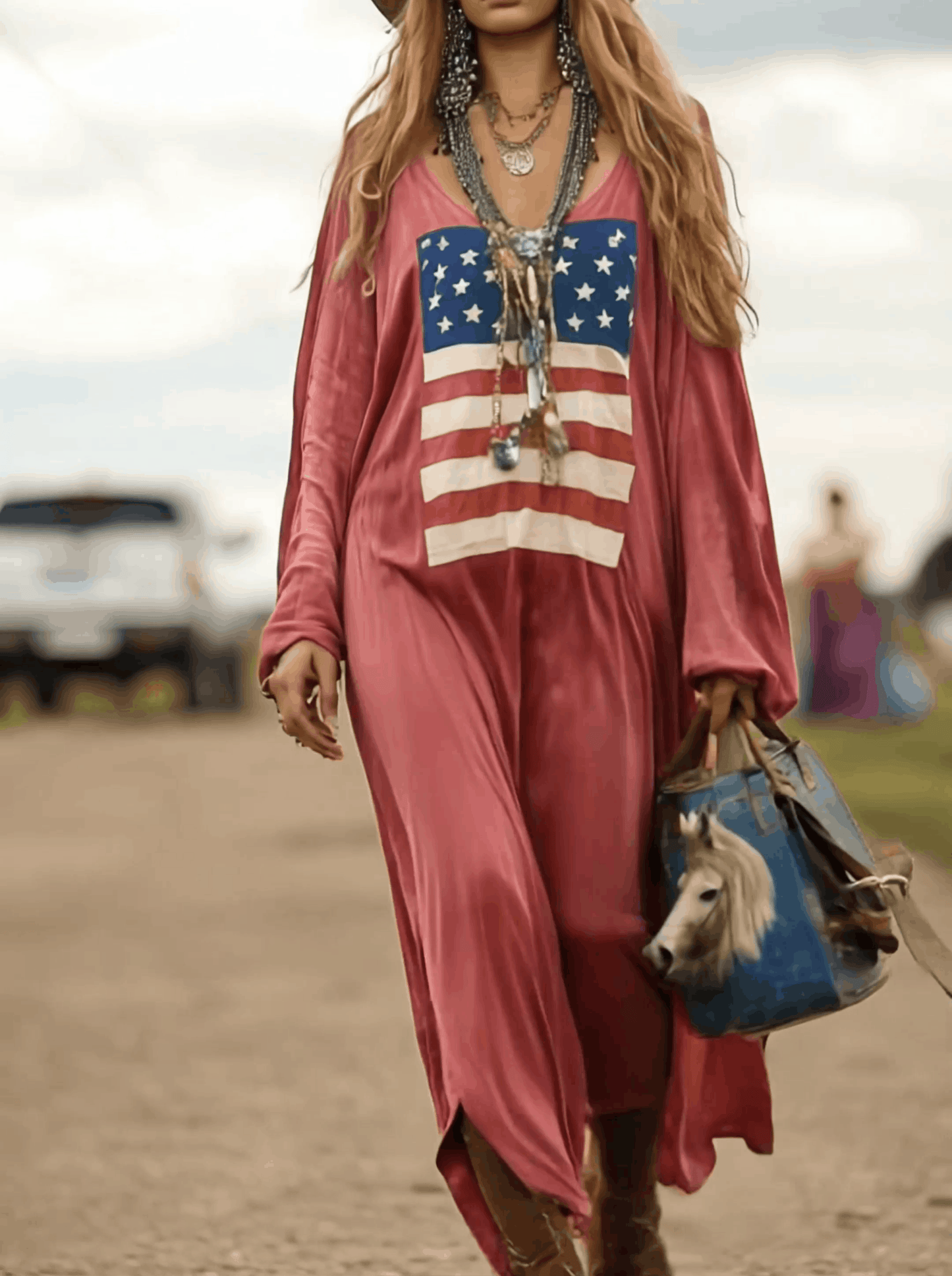 Robe Maxi Décontractée en Coton Rose avec Imprimé Drapeau Vintage - Livraison en 24 Heures
