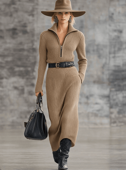 Robe Midi Camel en Tricot avec Détails Lacés Vintage