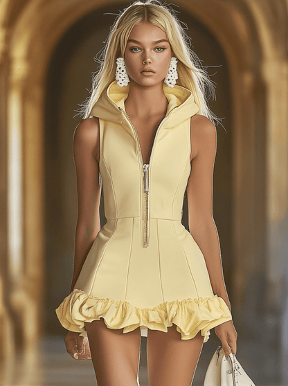 Robe Mini Sans Manches à Capuche - Zip Avant en Jaune Canard avec Volants | Expédition Rapide en 24 Heures